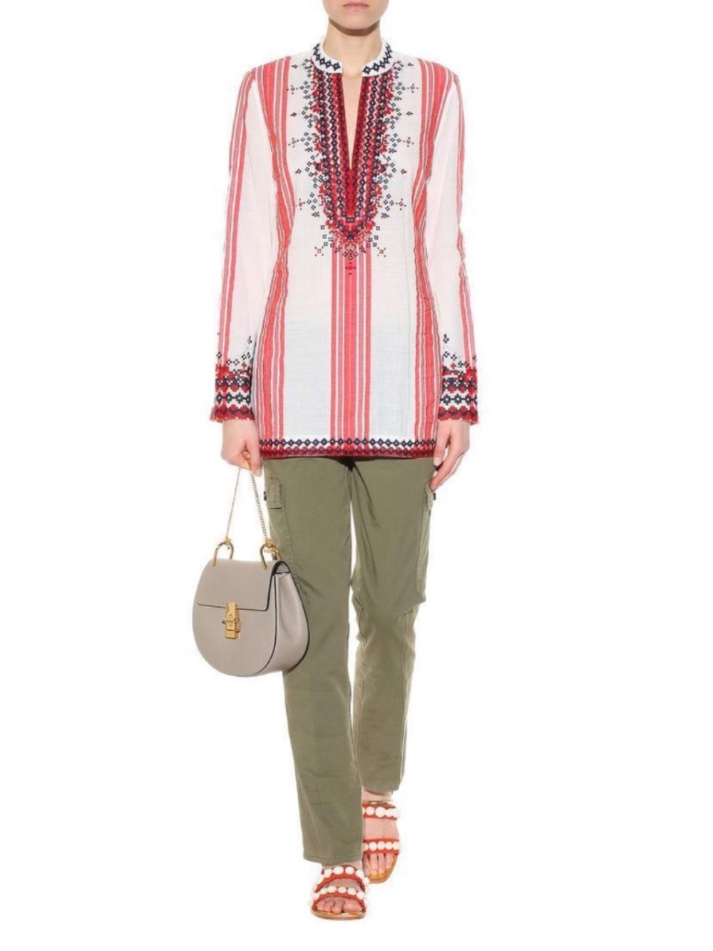 Tory Burch Embroidered Striped Tunic Top White Red Size 2